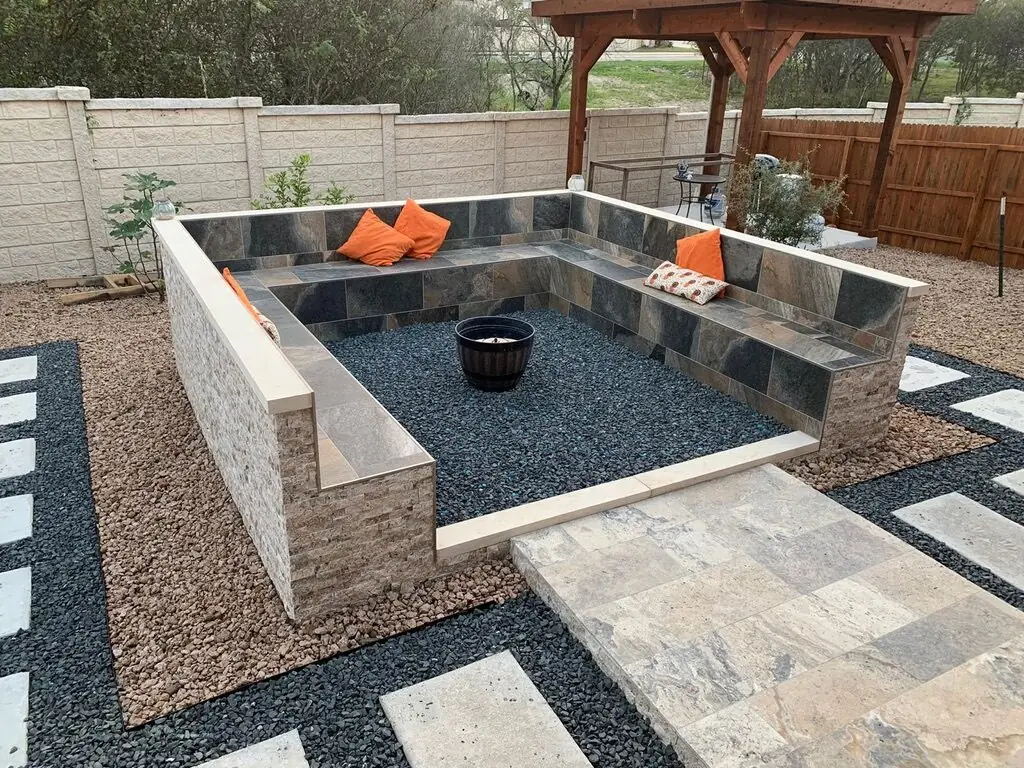 Custom sunken fire pit lounge built by Alamo Landscaping Design